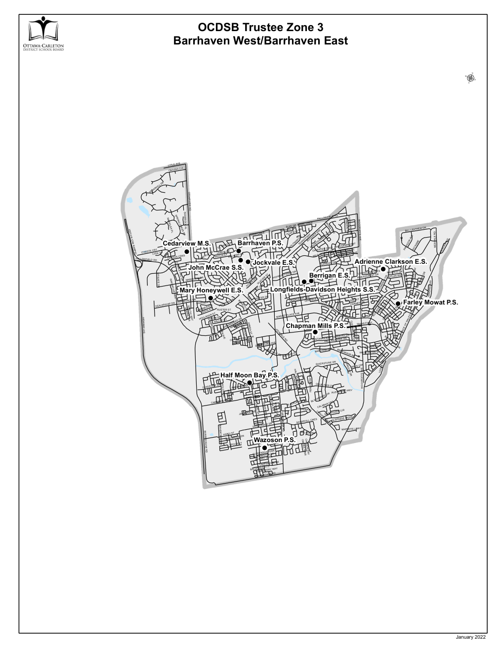 Official OCDSB Trustee Zone 3 map showing Barrhaven West and Barrhaven East, local schools, streets and the zone boundary. Open the full PDF for street-level detail.
